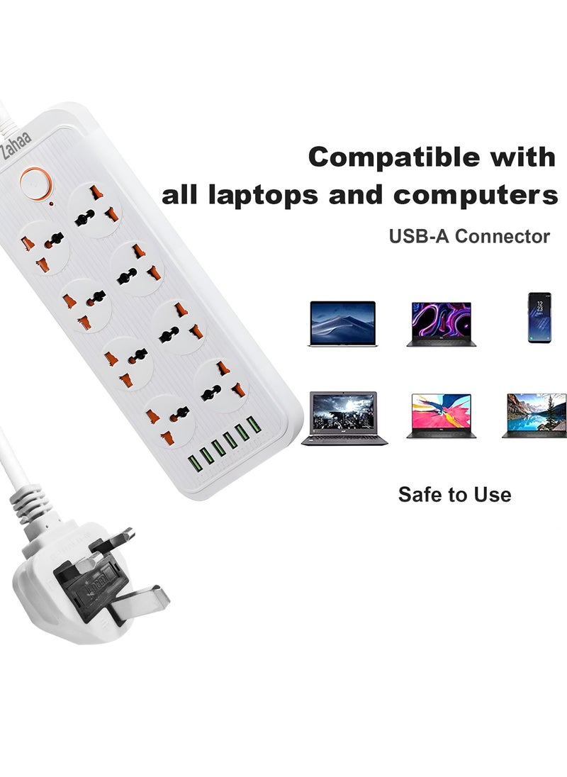 زها Zahaa l Extension الحبل مع 8 مقبس كهربائي و 8 فتحات USB 6 متر ، شريط الطاقة 8 طرق مع فتحة شحن USB من النوع8 ، الرصاص التمديد - الأبيض 2 متر  - Image 2