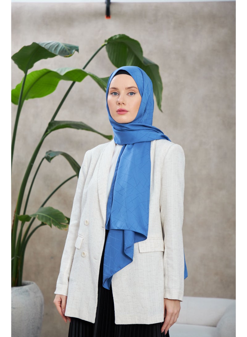 Soft Silky Jacquard Hijab Shawl in Blue – Cotton-Viscose Blend with Soft Pattern - Image 1