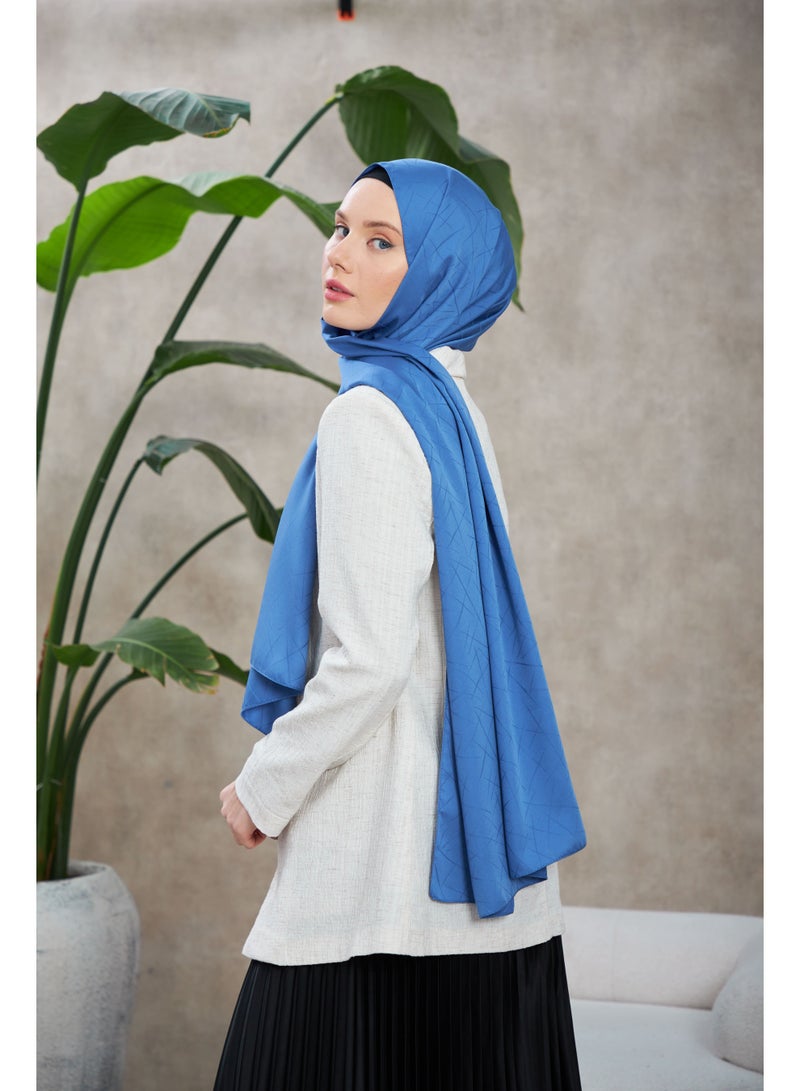 Soft Silky Jacquard Hijab Shawl in Blue – Cotton-Viscose Blend with Soft Pattern - Image 3