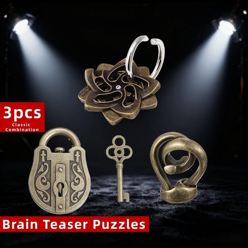 Classic 3 Piece Set Bronze Lu Ban Lock Puzzle Challenge Video Tutorial - Image 1