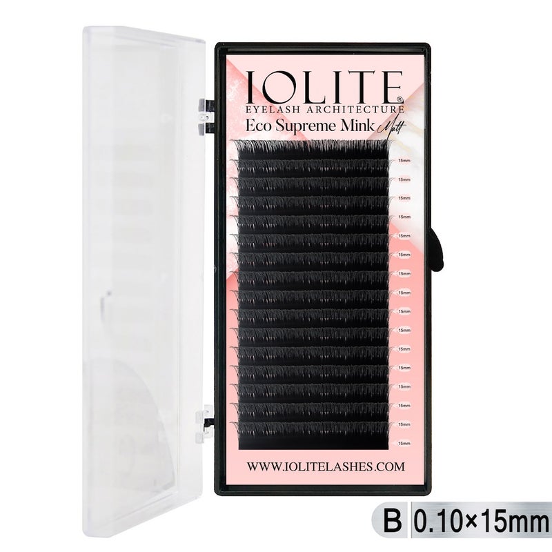 Iolite Eco Supreme Mink Matt Lash Extension Tray B - Curl - 0.10T (6mm–15mm) – Matt Finish, Premium Eco-Friendly Eyelashes for Lash Artists ISMMB10T - 15MM