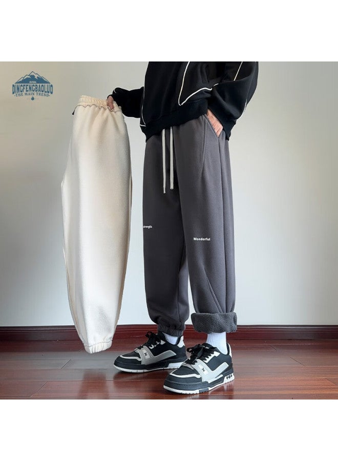 Dingfengbaoluo Men's Jogger Sweatpants Winter Loose Solid Color Warm Trendy Sports Casual Pants Xxz70 Dark Gray Fleece Lined XL - Image 1