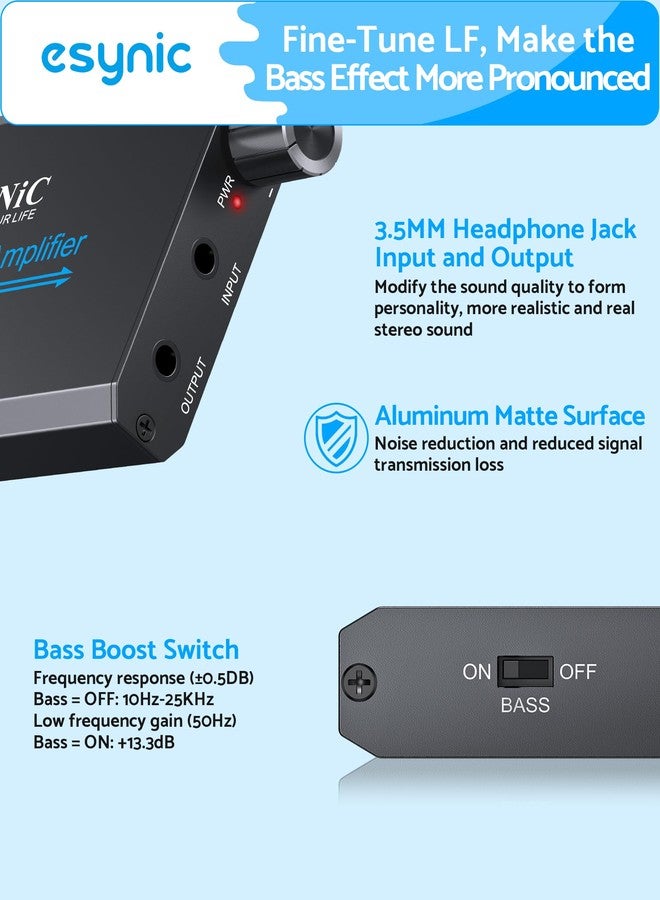 eSynic 16-300Ω Bass Headphone Amp Portable - Rechargeable 3.5MM HiFi Audio Headphone Amplifier with Bass Switch-Aluminum Alloy Case &12H Playtime-0.005% THD for MP3/Phone/PC/Laptop/Car (3.5mm AUX) - Image 2