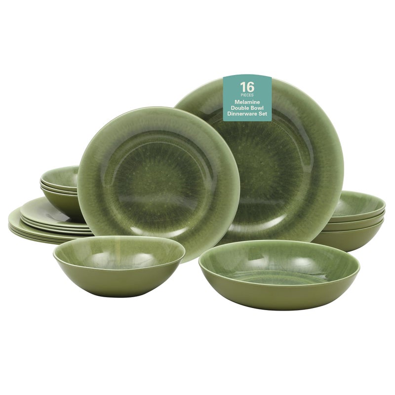 Gibson Home Casper Court 16Piece Melamine Dinnerware Set Green Reactive Glaze Look Plates and Bowls Service for 4 Top Rack Dishwasher Safe Everyday Dining Set