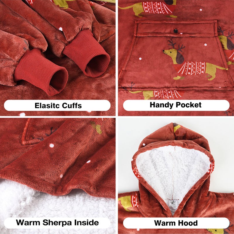 Catalonia Catalonia Xmas Dachshund Blanket Hoodie for Kids  Oversized Wearable Sherpa Sweatshirt Pullover for 7-16 yr Teens Youth  Kids Gift Idea  - Image 3