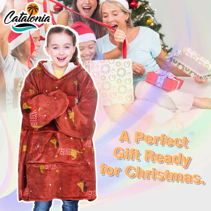 Catalonia Catalonia Xmas Dachshund Blanket Hoodie for Kids  Oversized Wearable Sherpa Sweatshirt Pullover for 7-16 yr Teens Youth  Kids Gift Idea  - Image 5