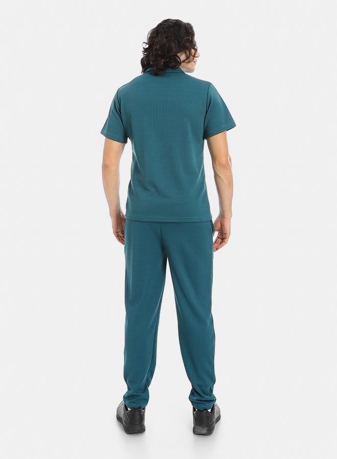 Red Circle Turn Down Collar Pique T Shirt and Pants Set  - Image 3