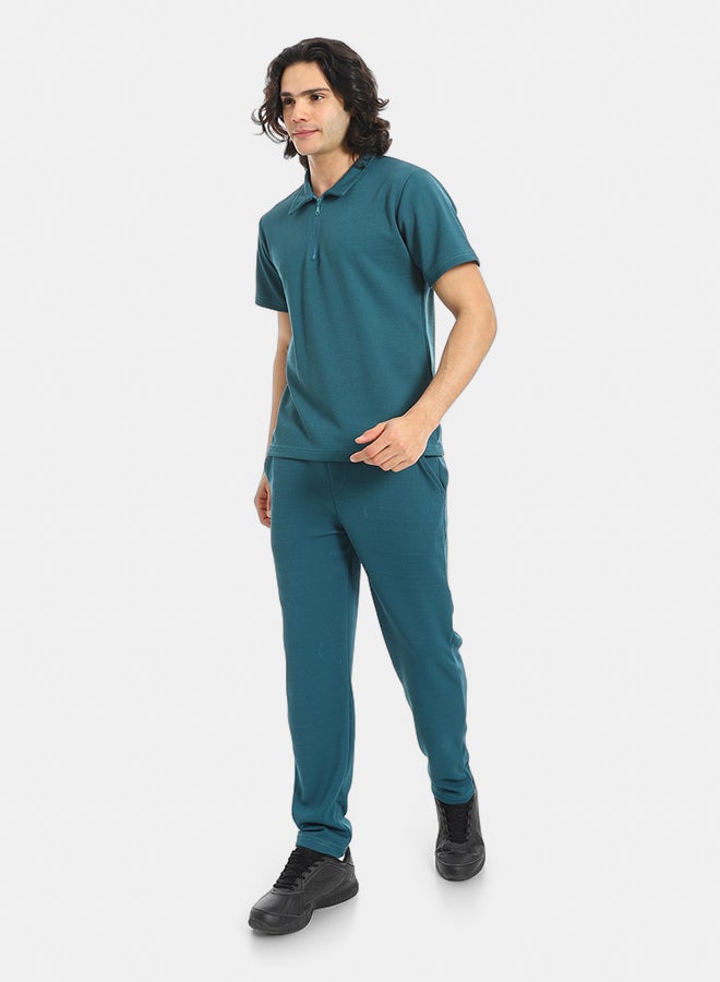 Red Circle Turn Down Collar Pique T Shirt and Pants Set  - Image 2