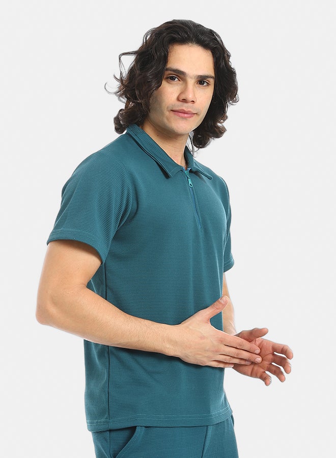 Red Circle Turn Down Collar Pique T Shirt and Pants Set  - Image 4