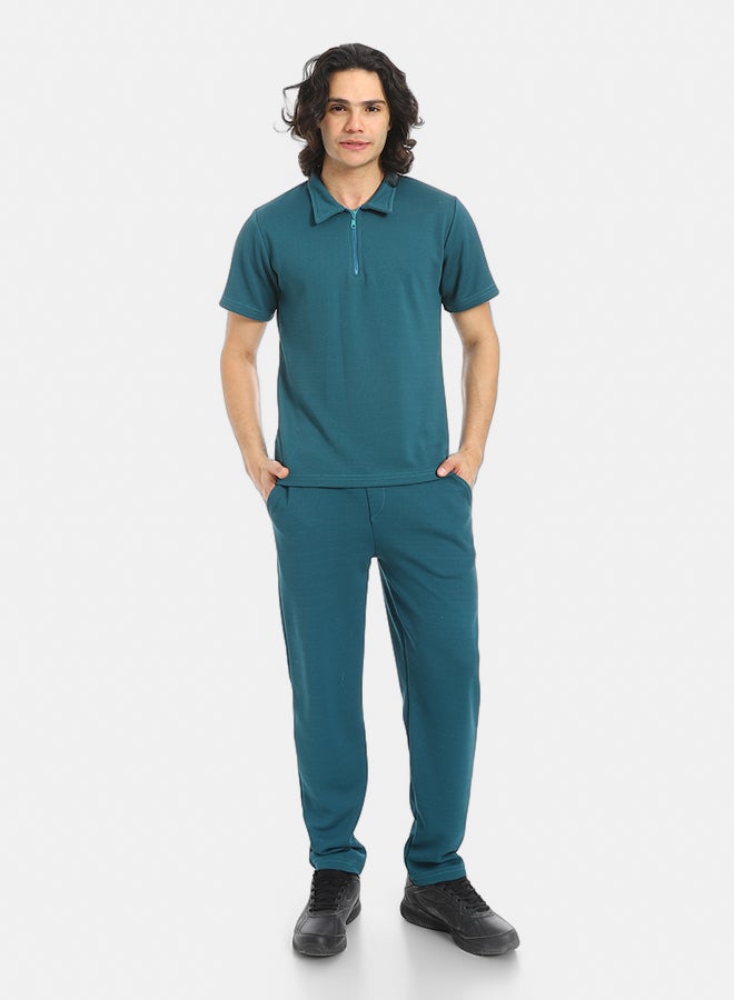 Red Circle Turn Down Collar Pique T Shirt and Pants Set  - Image 1