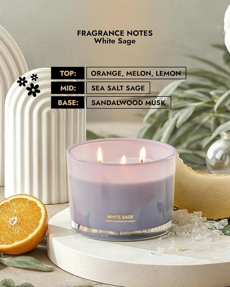 96NORTH Luxury White Sage Candle | Large 3 Wick Jar Candle | Up to 50 Hours Burning Time | 100% Natural Soy Wax | Relaxing Aromatherapy Aesthetic Candles | Housewarming Gift for Men and Women - Image 4