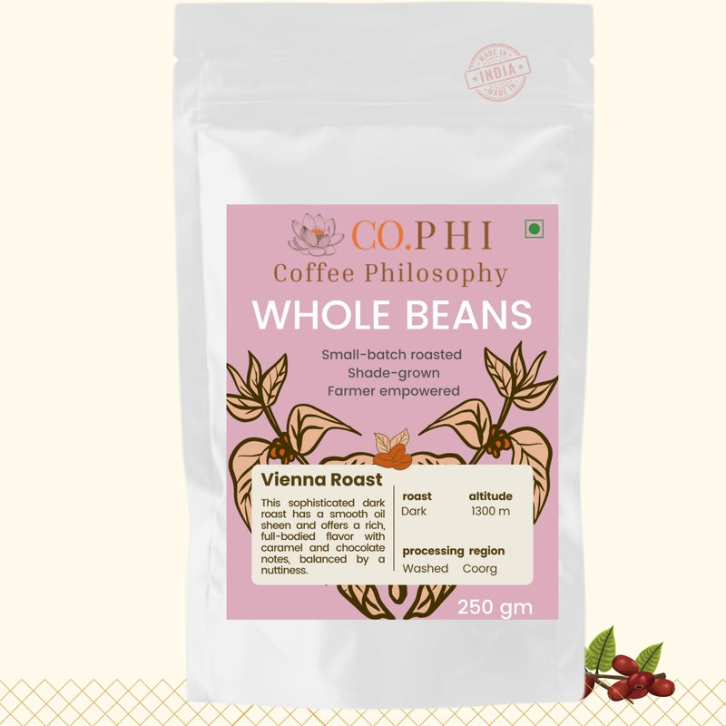 CO.PHI Coffee Philosophy Vienna Dark Roast (250g) Whole Roasted Coffee Beans, Arabica Robusta Marbled Blend, Specialty Coorg Origin, Washed Process, Makes 15 Cups - Image 1