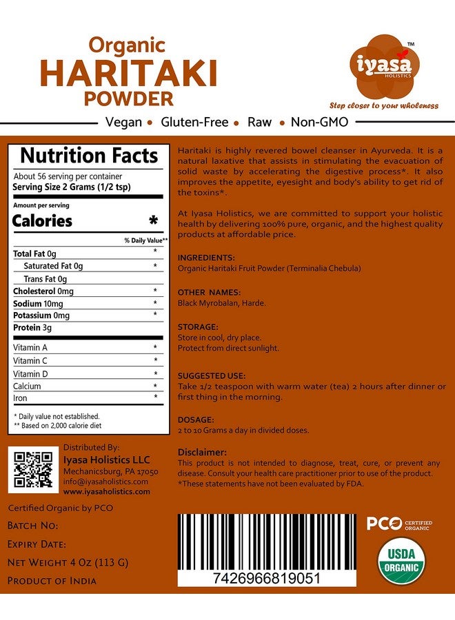 إياسا هوليستسكس مسحوق هاريتاكي العضوي من Iyasa Holistics، هاردي، هاراد، تيرماليا شيبولا، كاداكابودي، عشب الأيورفيدا للهضم، تخفيف الغازات، وظيفة الأمعاء الصحية، طعام فائق، كيس قابل للإغلاق سعة 4 أونصة - Image 2