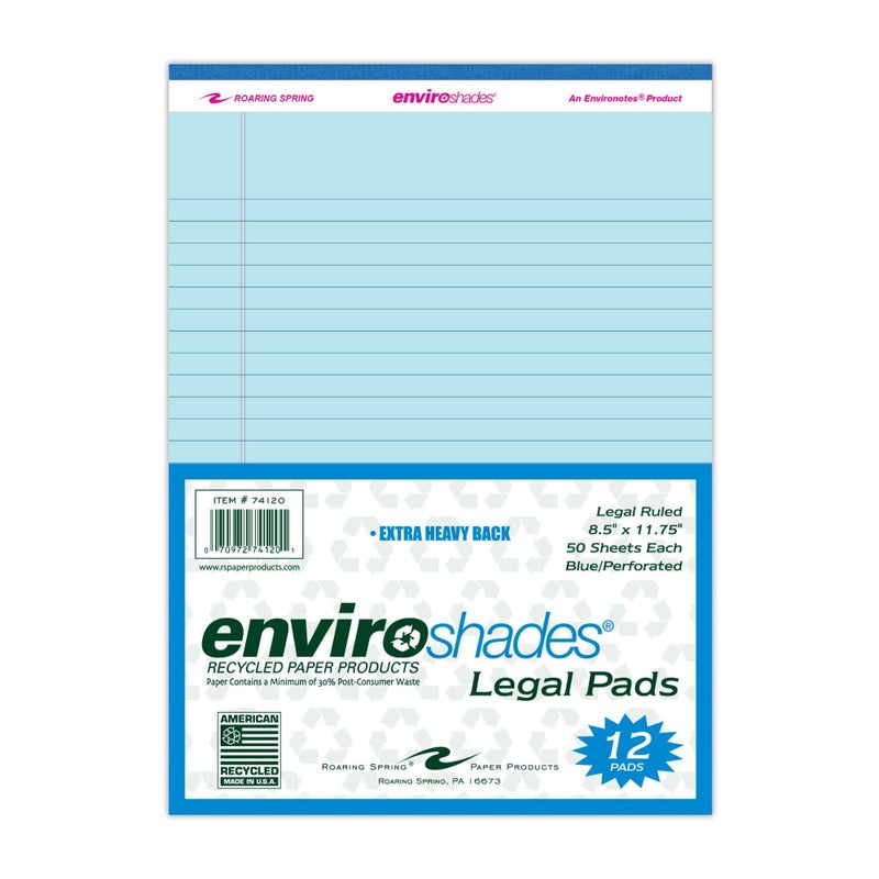 ROARING SPRING Enviroshades Recycled Colored Legal Pads, Blue, 12 Pack, 8.5" x 11", Legal Ruled, 50 Sheets Per Pad, 15 lb Perforated Paper, Made in USA - Image 1