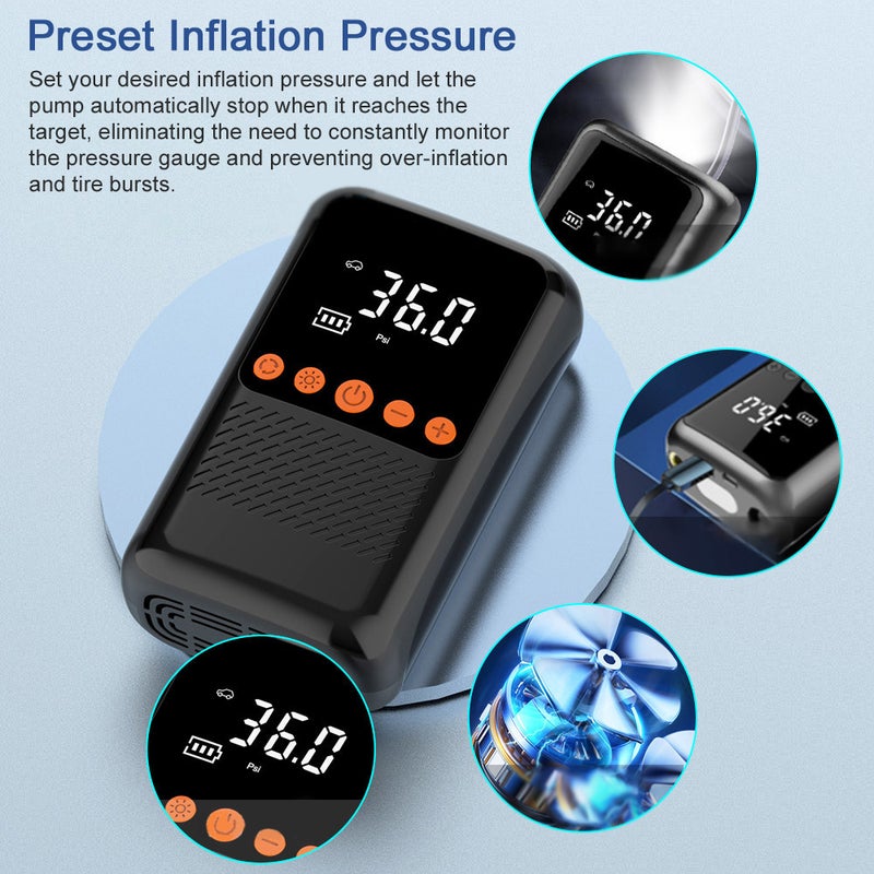 Car Air Pump 150PSI Cordless Air Compressor Portable Electric Tire Inflator with LED Light Auto-Off/Power Bank Function for Car Motorcycle Bicycle Tires Balls - Image 3