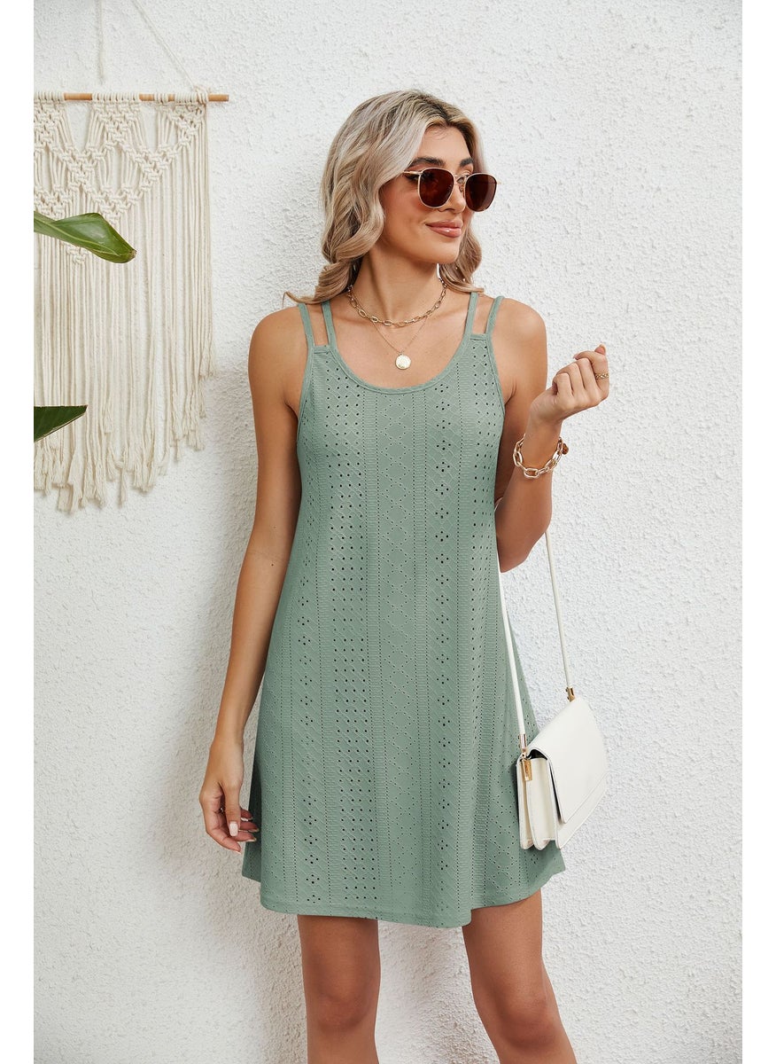 Generic Summer New Loose Sleeveless U-Neck Strap Dress Pure Color Womens Dress Comfortable Casual Maxi Dress for Hot Weather dark green  - Image 4
