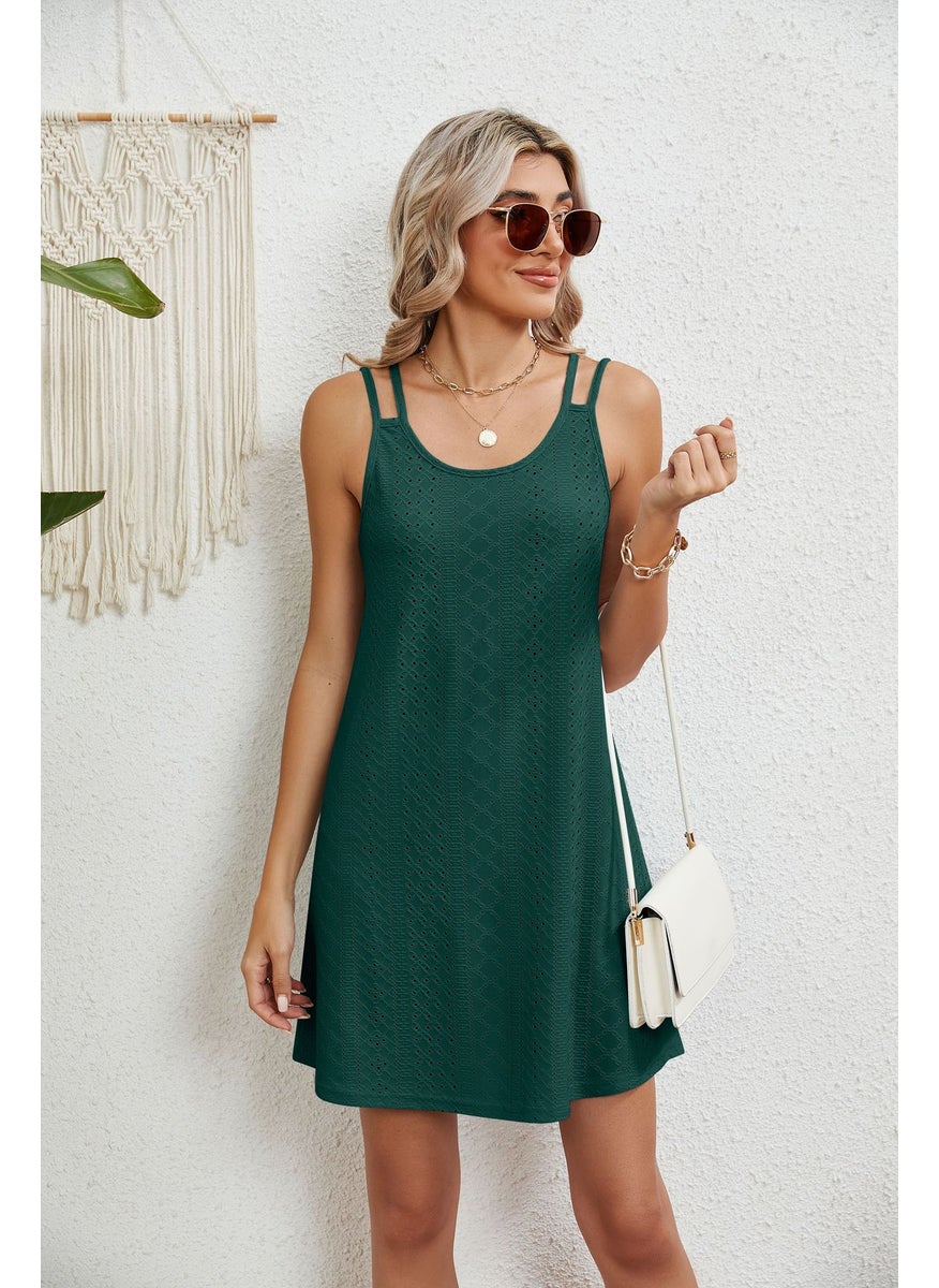 Generic Summer New Loose Sleeveless U-Neck Strap Dress Pure Color Womens Dress Comfortable Casual Maxi Dress for Hot Weather dark green  - Image 1