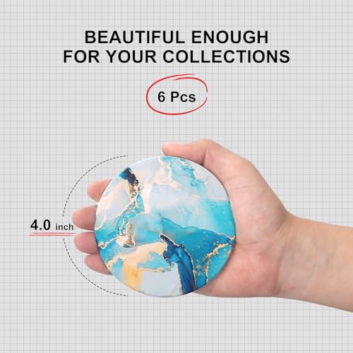Dksyee 6 Pcs Light Blue Marble Abstract Ceramic Coasters with Holder Best Round Drink Absorbent Coasters for Desk, Lounge, Coffee, Wine, Beverage, Dining Table Decor, Bar Coaster Set - Image 4