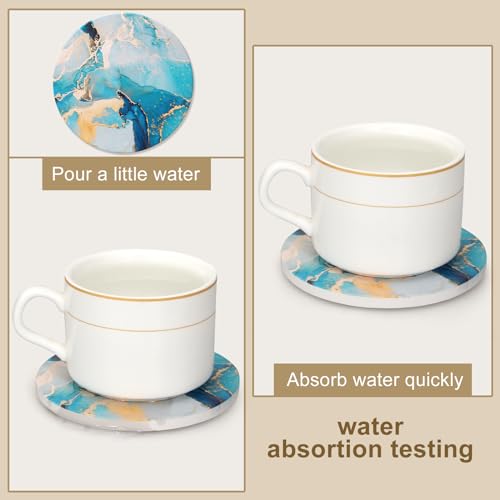 Dksyee 6 Pcs Light Blue Marble Abstract Ceramic Coasters with Holder Best Round Drink Absorbent Coasters for Desk, Lounge, Coffee, Wine, Beverage, Dining Table Decor, Bar Coaster Set - Image 2