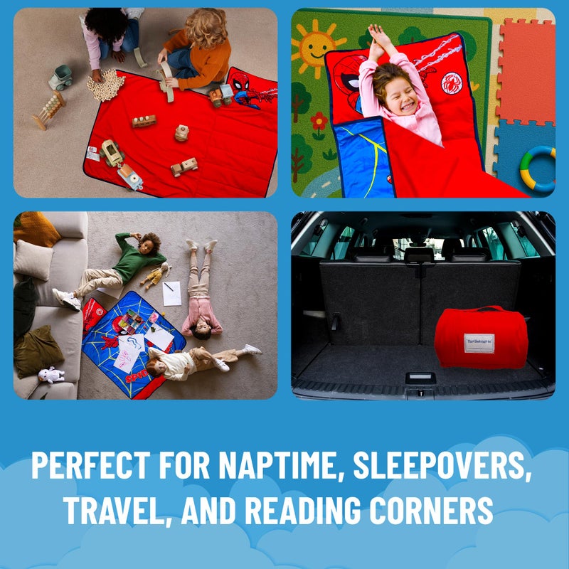 Jay Franco Kids Nap Mat with Embedded Pillow & Blanket â€“ Soft 46"x20"Microfiber Sleeping Bag with Name Tag & Handle for School, Travel, Sleepover, Blue - Spiderman - Image 3