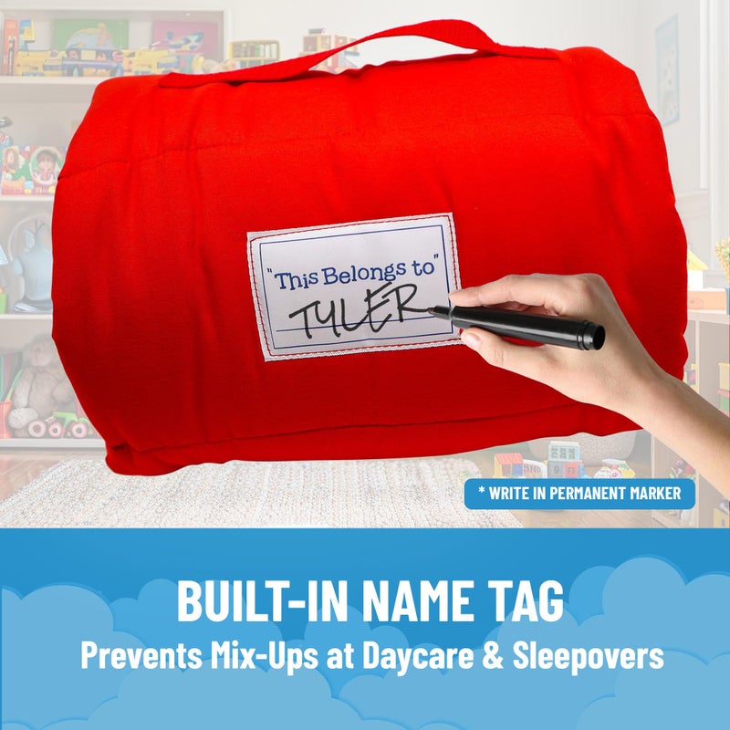 Jay Franco Kids Nap Mat with Embedded Pillow & Blanket â€“ Soft 46"x20"Microfiber Sleeping Bag with Name Tag & Handle for School, Travel, Sleepover, Blue - Spiderman - Image 5