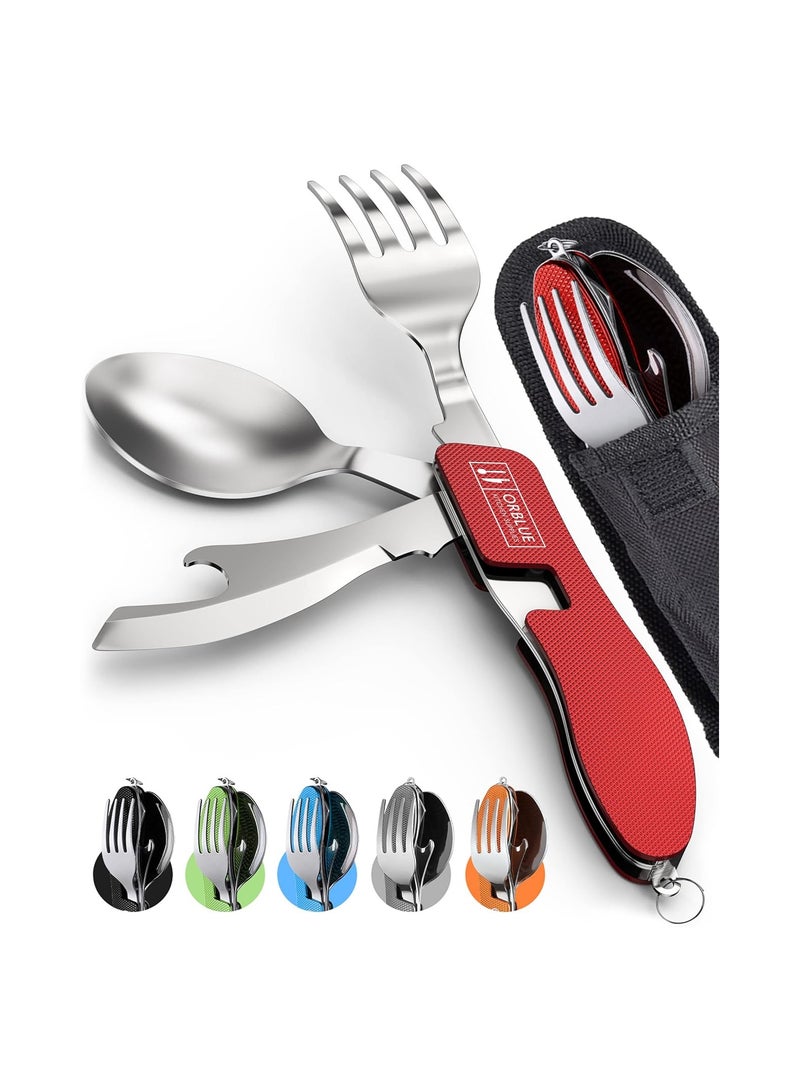 SYOSI طقم أدوات تناول الطعام القابلة للطي للتخييم، 2 قطعة 4 في 1 ملعقة وشوكة وسكين ومفتاح زجاجات من الفولاذ المقاوم للصدأ، أدوات مائدة قابلة للفصل، مجموعات جيب، أدوات تناول الطعام متعددة الاستخدامات، للتخييم والسفر - Image 1