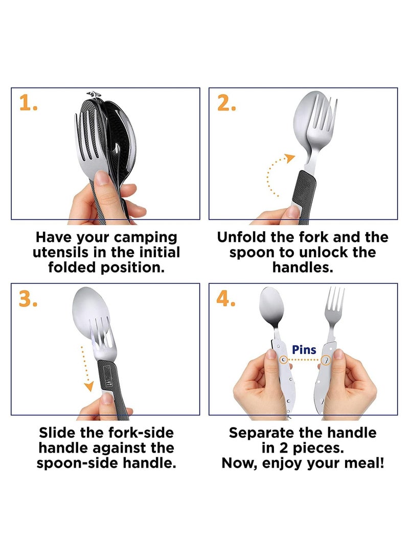 SYOSI طقم أدوات تناول الطعام القابلة للطي للتخييم، 2 قطعة 4 في 1 ملعقة وشوكة وسكين ومفتاح زجاجات من الفولاذ المقاوم للصدأ، أدوات مائدة قابلة للفصل، مجموعات جيب، أدوات تناول الطعام متعددة الاستخدامات، للتخييم والسفر - Image 2