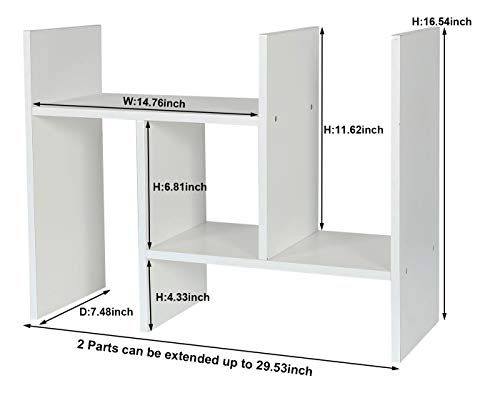 PAG Adjustable Desktop Shelf Wood Small Bookshelf Desk Supplies Organizers and Accessories Storage Display Rack Office Decor, White - Image 3