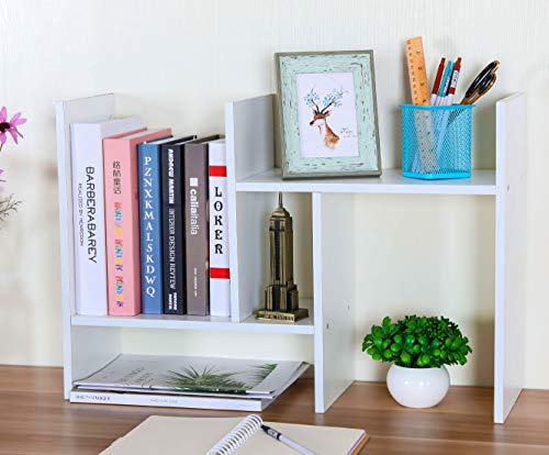 PAG Adjustable Desktop Shelf Wood Small Bookshelf Desk Supplies Organizers and Accessories Storage Display Rack Office Decor, White - Image 5