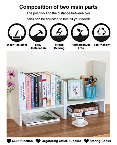 PAG Adjustable Desktop Shelf Wood Small Bookshelf Desk Supplies Organizers and Accessories Storage Display Rack Office Decor, White - Image 4