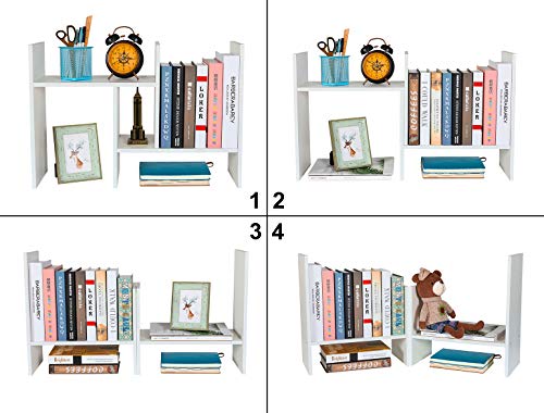 PAG Adjustable Desktop Shelf Wood Small Bookshelf Desk Supplies Organizers and Accessories Storage Display Rack Office Decor, White - Image 2