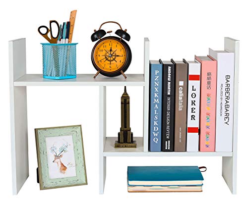 PAG Adjustable Desktop Shelf Wood Small Bookshelf Desk Supplies Organizers and Accessories Storage Display Rack Office Decor, White - Image 1