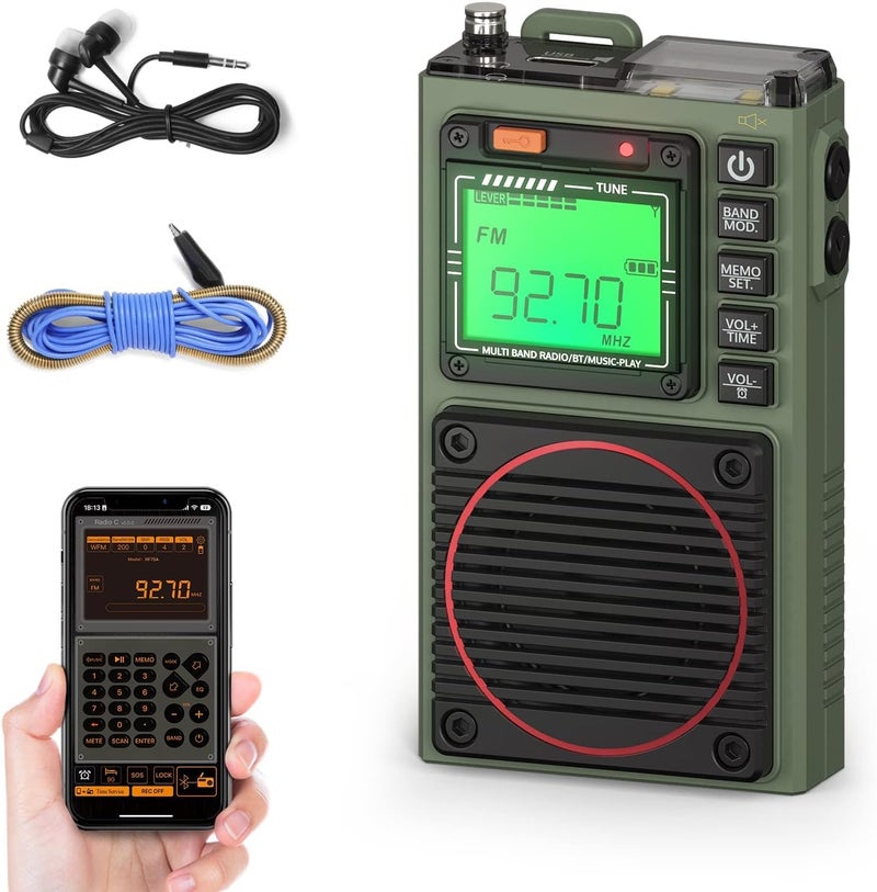 راديو الموجات القصيرة Raddy RF75A مع التحكم عبر التطبيق، راديو محمول للموجات القصيرة AM/FM/VHF/SW/WB راديو الطقس، راديو جيب قابل لإعادة الشحن مع هوائي سلكي بطول 9.85 قدم (أخضر عسكري) - Image 1