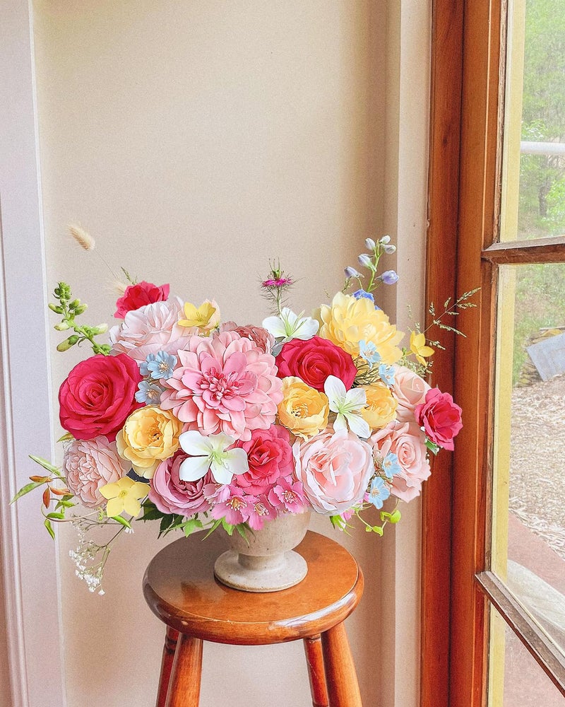 FACINOC Roses Artificial Flowers Pink Yellow Fake Flower Bulk for Easter Spring Wreath DIY Wedding Bouquet Bridal Baby Shower Party Table Centerpiece Home Decorations Silk Floral Arrangements Fuchsia - Image 4