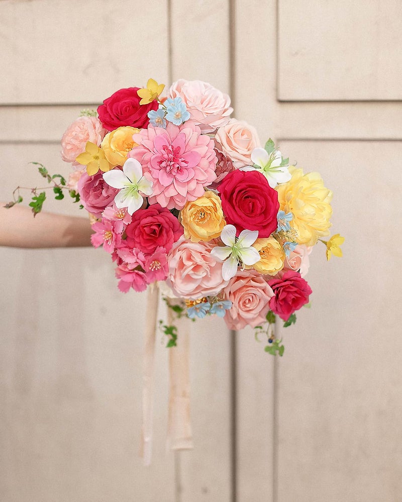 FACINOC Roses Artificial Flowers Pink Yellow Fake Flower Bulk for Easter Spring Wreath DIY Wedding Bouquet Bridal Baby Shower Party Table Centerpiece Home Decorations Silk Floral Arrangements Fuchsia - Image 5