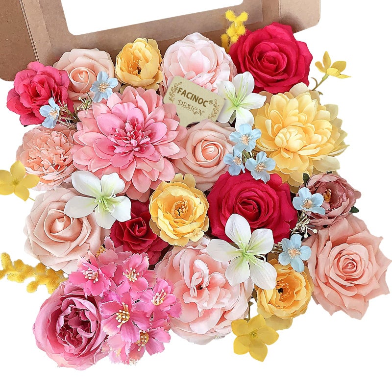 FACINOC Roses Artificial Flowers Pink Yellow Fake Flower Bulk for Easter Spring Wreath DIY Wedding Bouquet Bridal Baby Shower Party Table Centerpiece Home Decorations Silk Floral Arrangements Fuchsia - Image 1