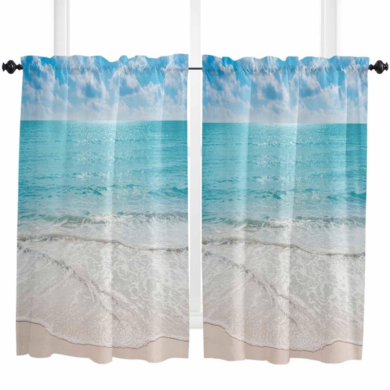 Ocean Beach Theme Kitchen Curtains for Bedrooml Living Room 45 Inch Length Blue White Small Short Cafe Tiers Curtains Drape 2 Panel Window Treatment Rod Pocket Drapery Panels Curtains 55x45