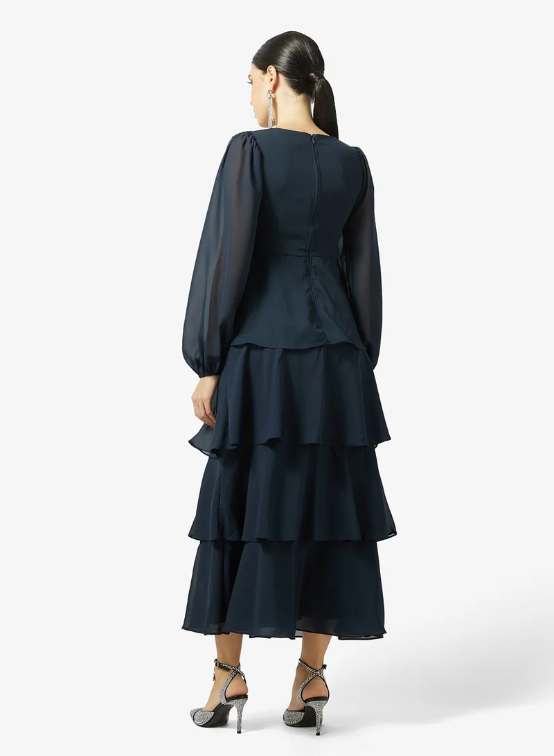 Maya Floral Embellished Long Sleeve Tiered Twist Front Maxi