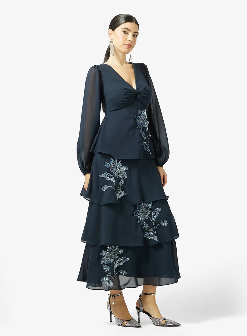 Maya Floral Embellished Long Sleeve Tiered Twist Front Maxi