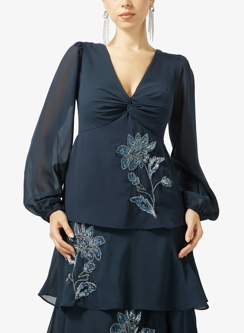 Maya  Floral Embellished Long Sleeve Tiered Twist Front Maxi for Women | Best Price UAE