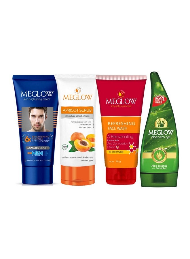 MEGLOW Men Skincare Combo Pack Of 4- Fairness Cream For Men (50G)|Refreshing & Rejuvenating Facewash (70G)|Aloevera Gel(125G)|Apricot Scrub (70G) Helps To Remove Dead Skin Cells - Image 1
