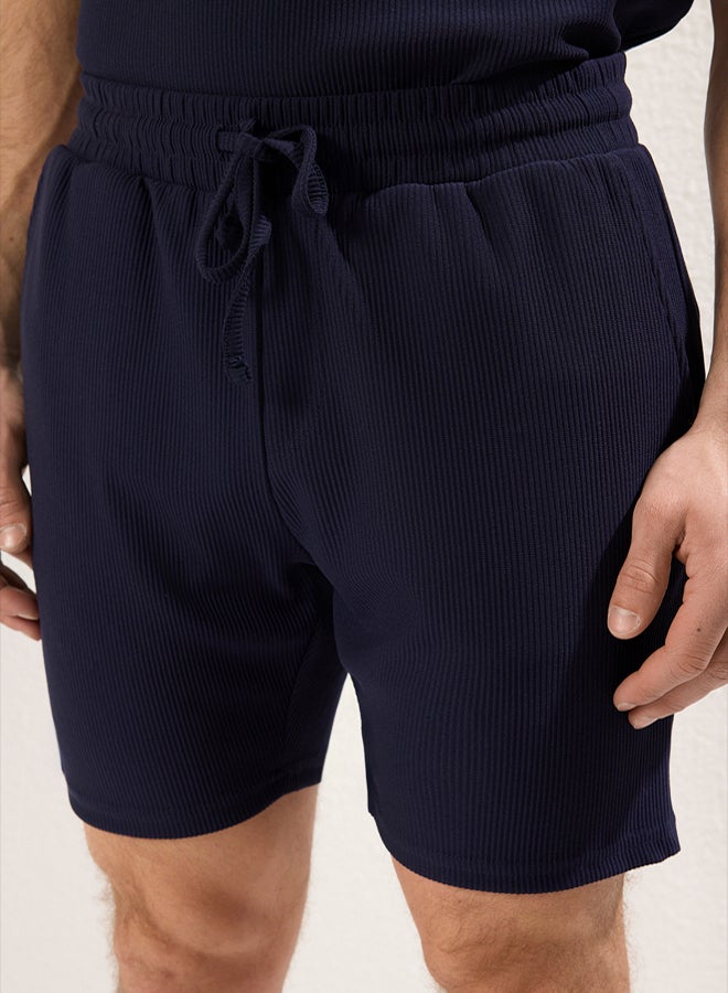 trendyol Basic Navy Blue Regular Cut Medium Length Laced Textured Wrinkle-Free Ottoman Shorts - Image 5