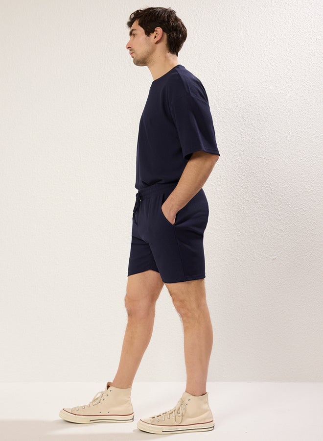 trendyol Basic Navy Blue Regular Cut Medium Length Laced Textured Wrinkle-Free Ottoman Shorts - Image 4
