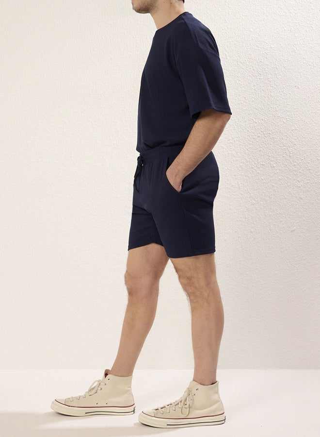 trendyol Basic Navy Blue Regular Cut Medium Length Laced Textured Wrinkle-Free Ottoman Shorts - Image 2