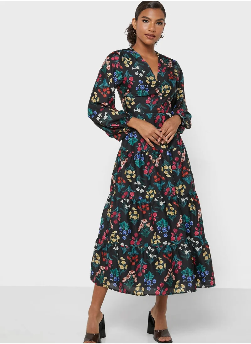 Oasis Balloon Sleeve Floral Print Tiered Dress