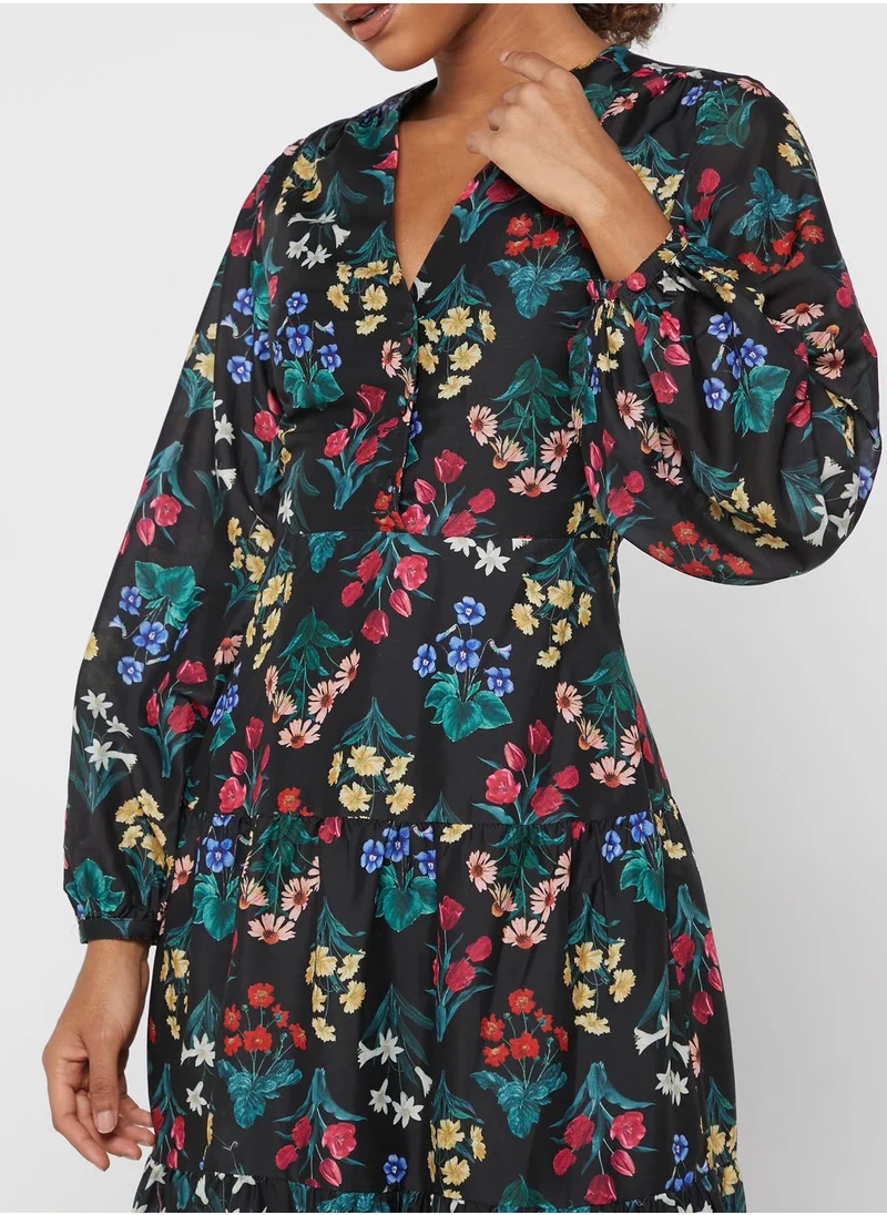 Oasis Balloon Sleeve Floral Print Tiered Dress