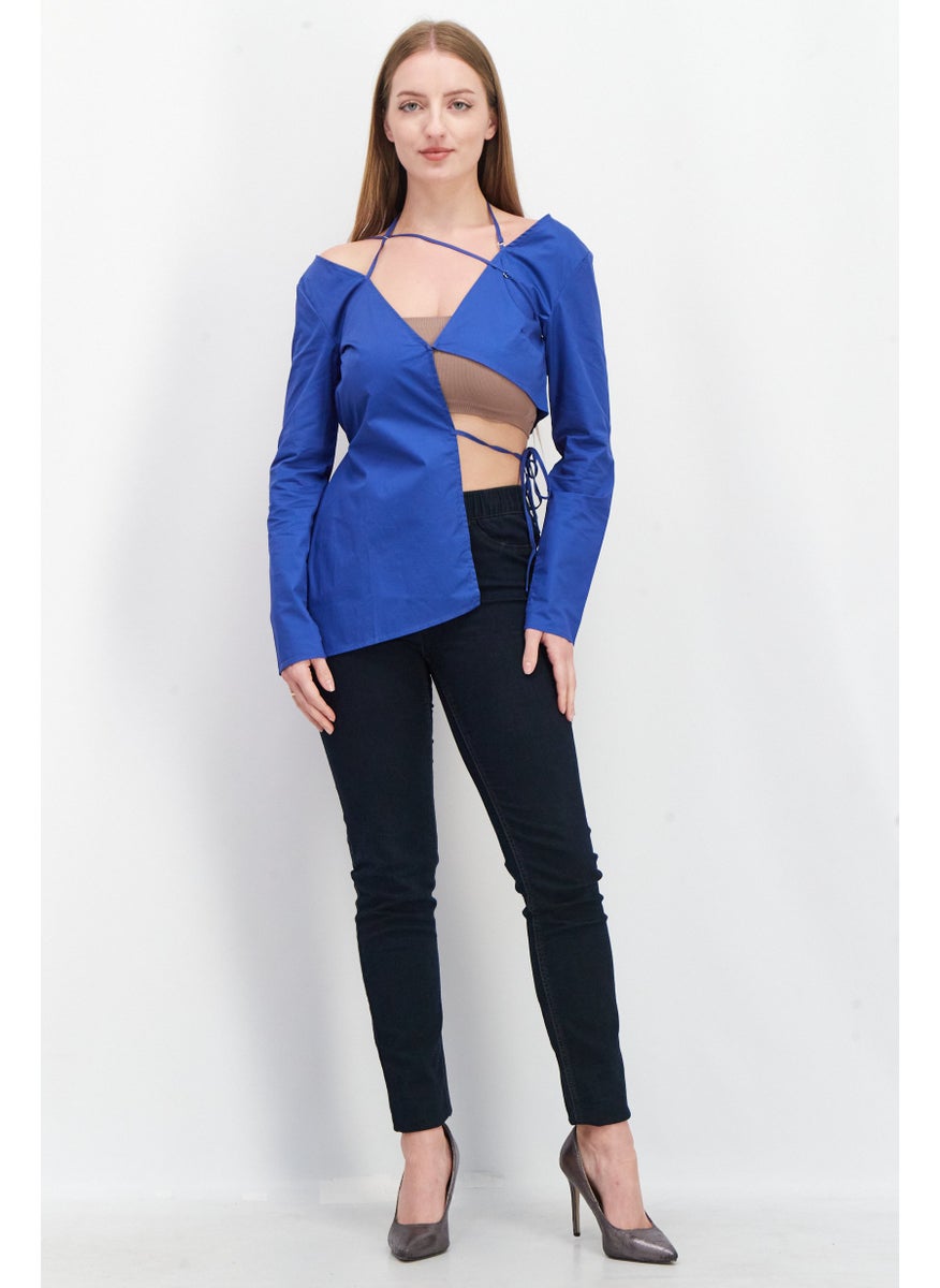 Ego Women V-Neck Long Sleeves Plain Blouse, Blue  - Image 3