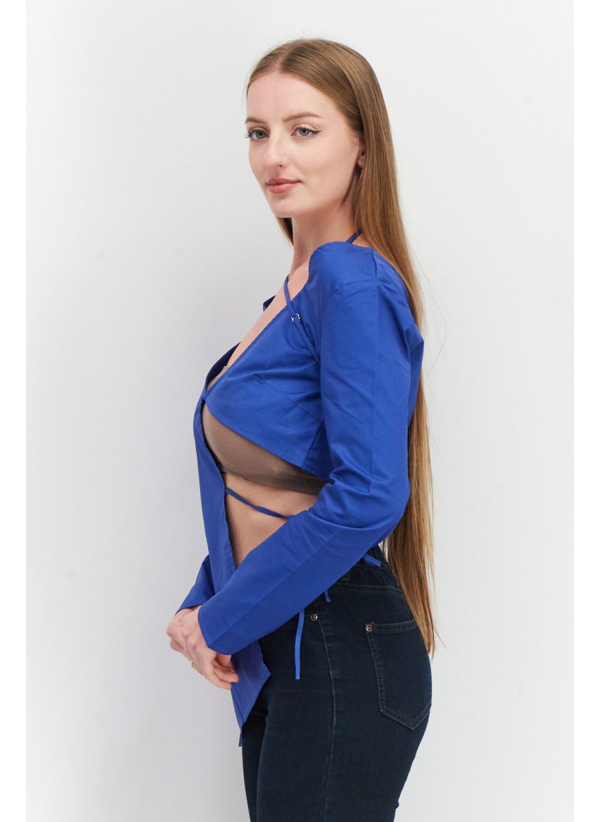 Ego Women V-Neck Long Sleeves Plain Blouse, Blue  - Image 2