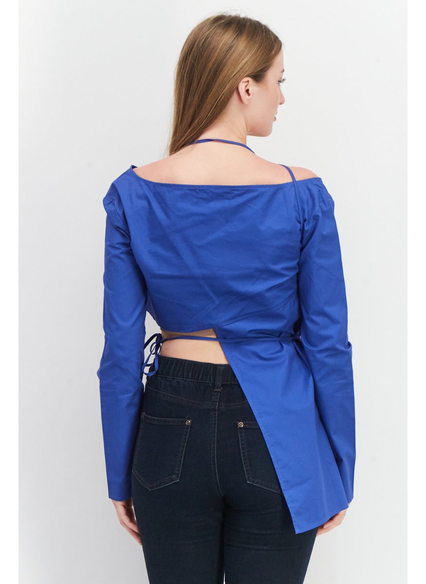 Ego Women V-Neck Long Sleeves Plain Blouse, Blue  - Image 4