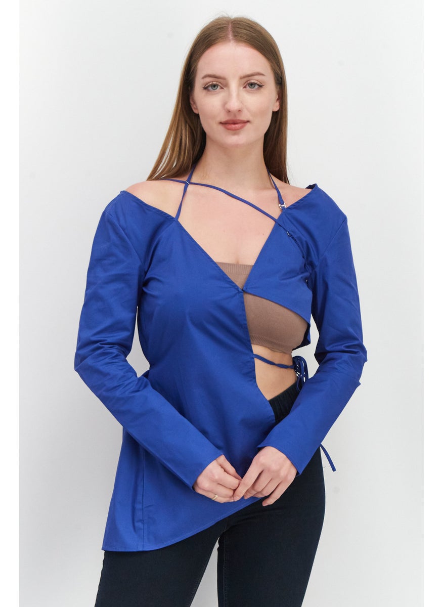 Ego Women V-Neck Long Sleeves Plain Blouse, Blue  - Image 1
